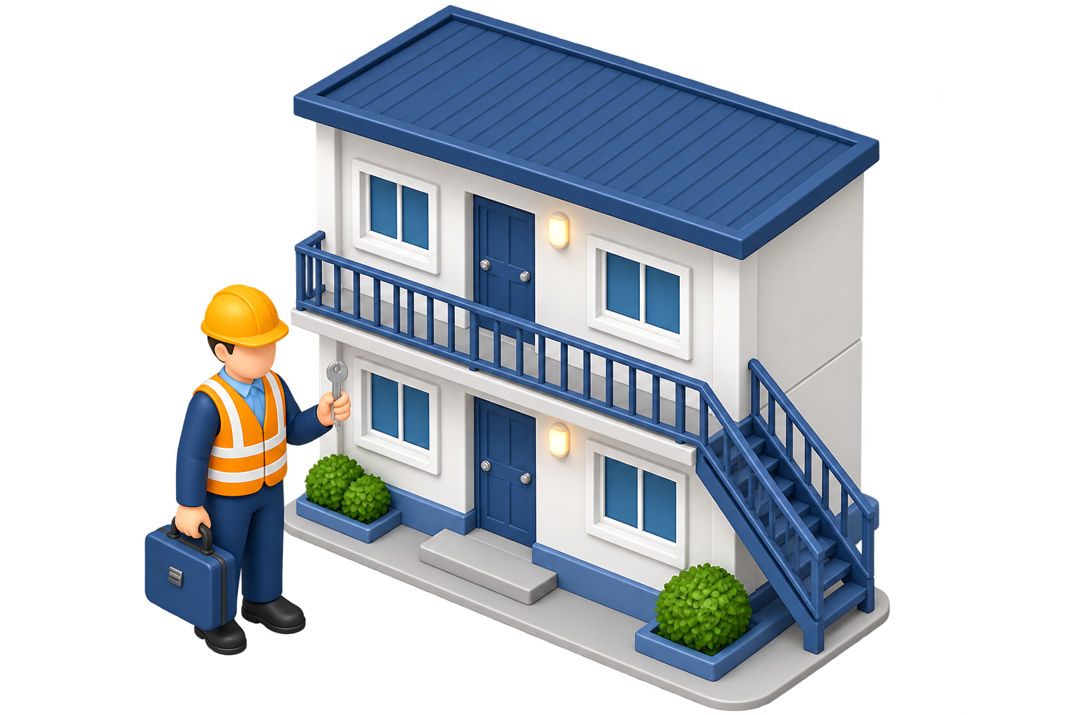 社員寮と入居する建設スタッフのイラスト
