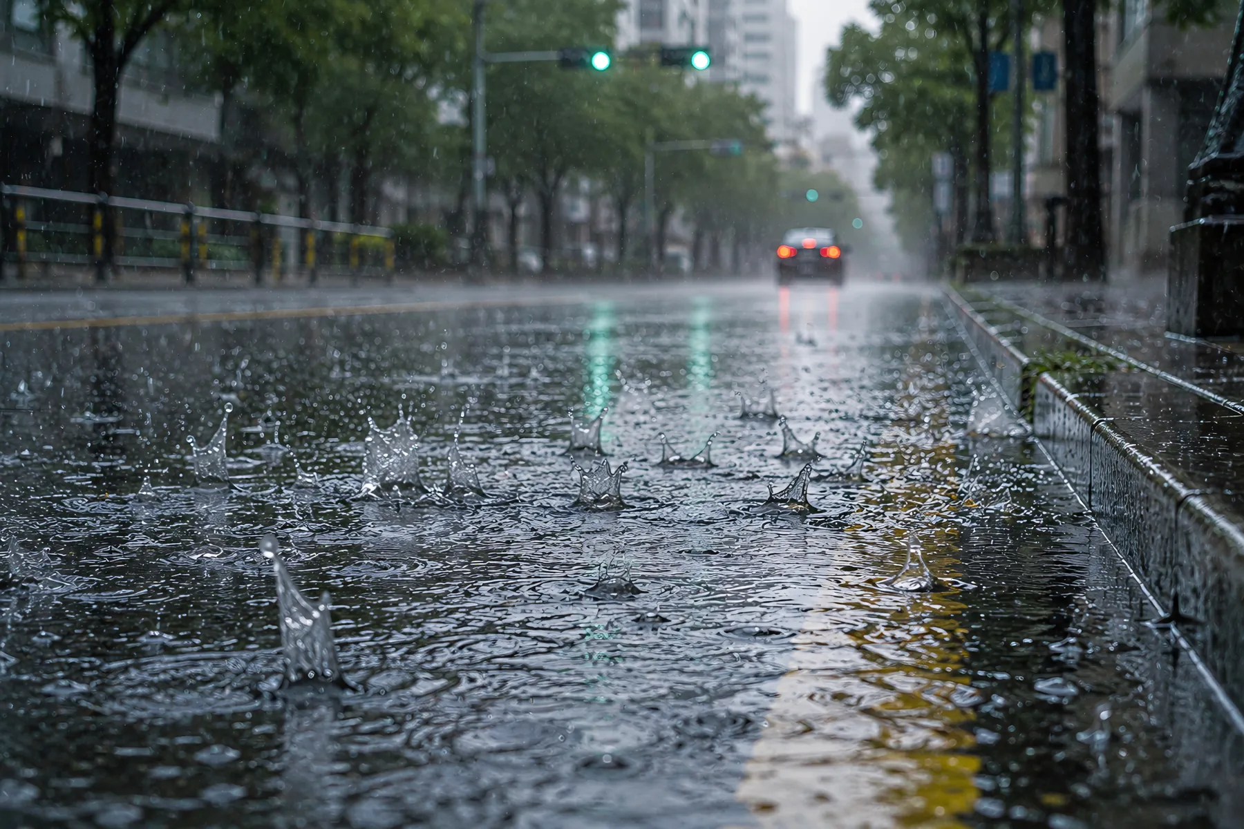 道路に降り続く豪雨